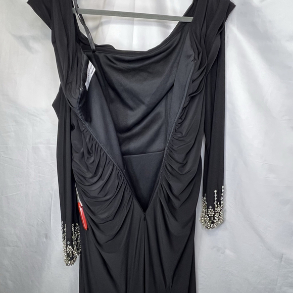 Mac Duggal Black Foldover Long Sleeve Jeweled Midi Dress One-Shoulder Long 10 - Picture 8 of 16